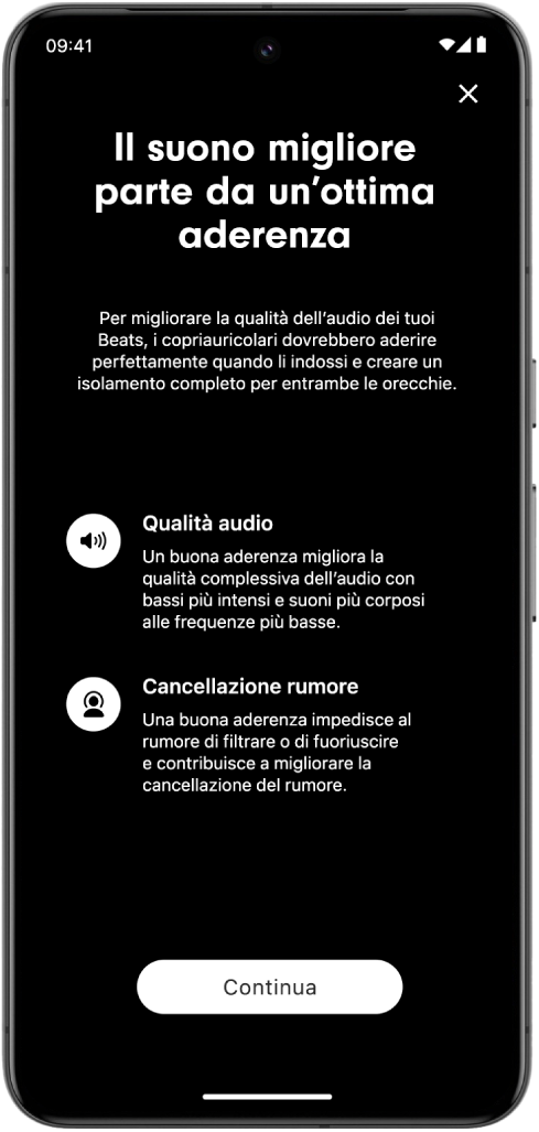 La schermata del test di aderenza dell'app Beats su un dispositivo Android.