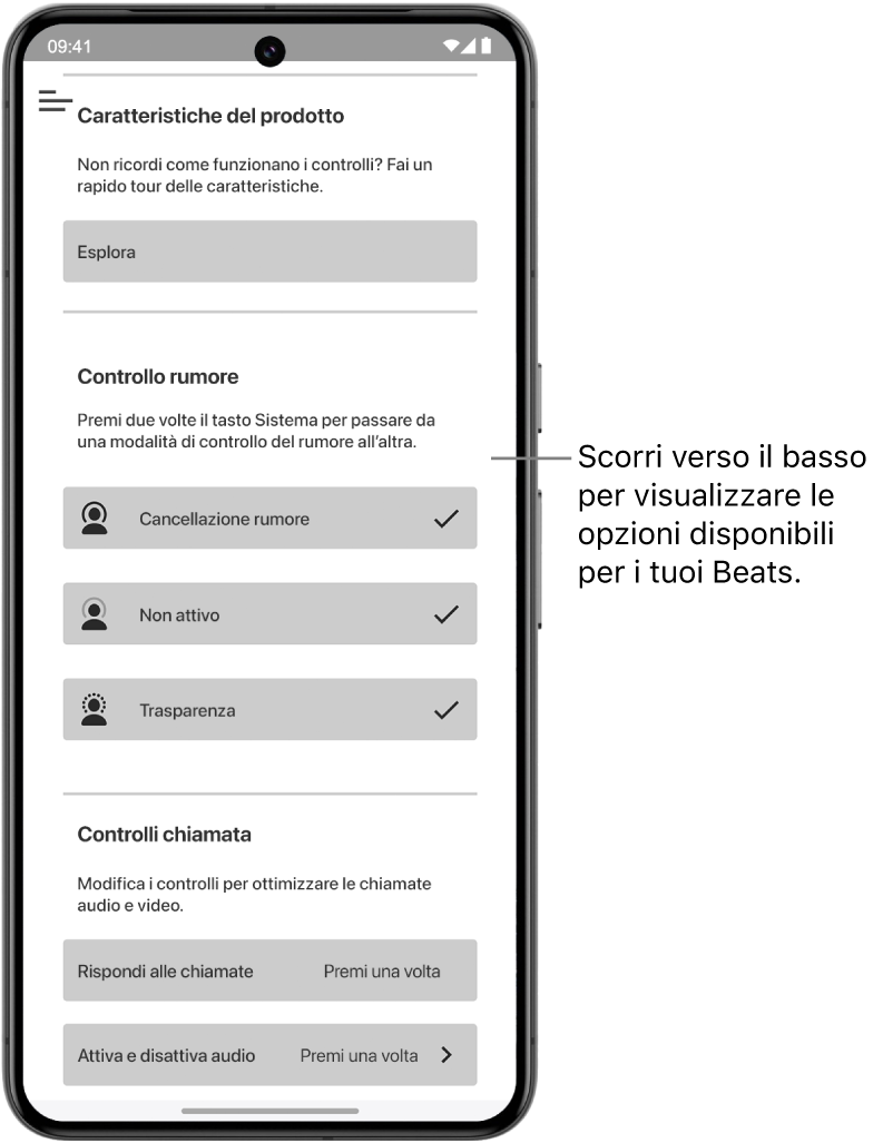 La schermata del dispositivo dell’app Beat che mostra le impostazioni disponibili per delle cuffie Beats Studio Pro connesse.