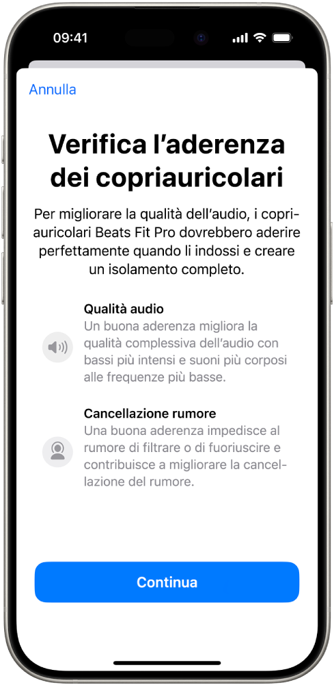 Una schermata di iPhone che mostra “Test aderenza copriauricolari” per i Beats Fit Pro.