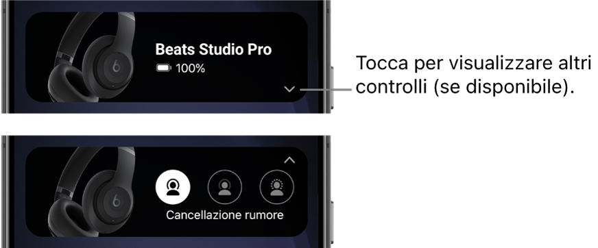 La prima immagine mostra il widget dell’app Beats con le cuffie Beats Studio Pro connesse e un pulsante per mostrare altri controlli; la seconda immagine mostra i controlli per la cancellazione del rumore nel widget.
