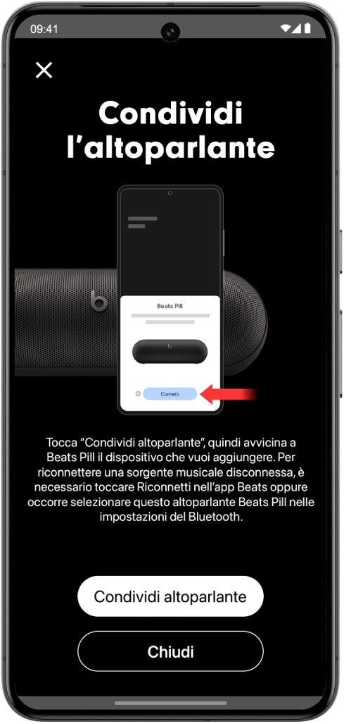 La schermata “Condividi l’altoparlante” dell’app Beats che mostra i pulsanti “Condividi altoparlante” e Chiudi.