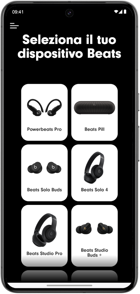 La schermata “Seleziona Beats” dell’app Beats che mostra i dispositivi Beats supportati.