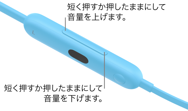 Beats Flexの左のコントロールモジュールの画像。音量ボタンが示されています。