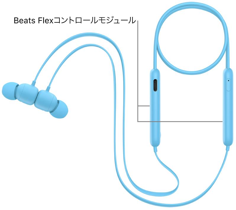 Beats Flexの画像。右のコントロールモジュールにある電源ボタンの場所と、左のコントロールモジュールにある音量ボタンおよびシステムボタンの場所が示されています。