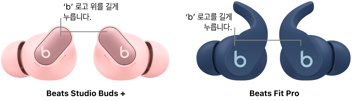 왼쪽 및 오른쪽 Beats Studio Buds + 이어버드에 있는 ‘b’ 로고 위의 버튼과 왼쪽 및 오른쪽 Beats Fit Pro 이어버드에 있는 ‘b’ 버튼.