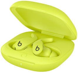 Fon telinga Beats Fit Pro dan bekas pengecasan dalam Kuning Voltan.