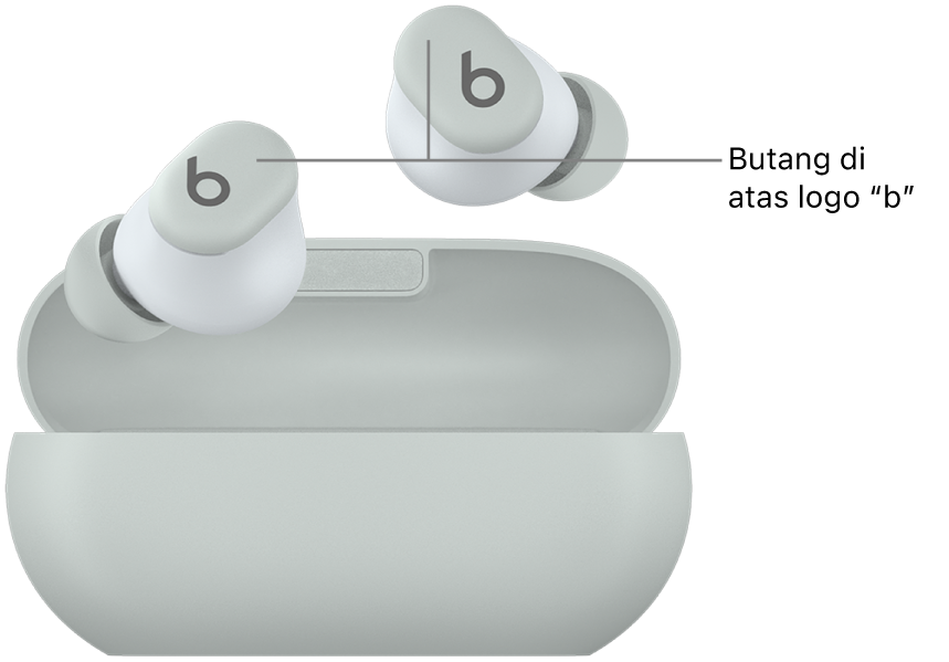 Imej Beats Solo Buds menunjukkan lokasi butang di atas logo “b” pada bud telinga.