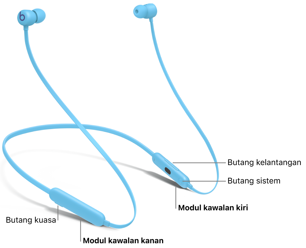 Imej Beats Flex menunjukkan lokasi butang kuasa pada modul kawalan kanan dan lokasi butang kelantangan serta butang sistem pada modul kawalan kiri.