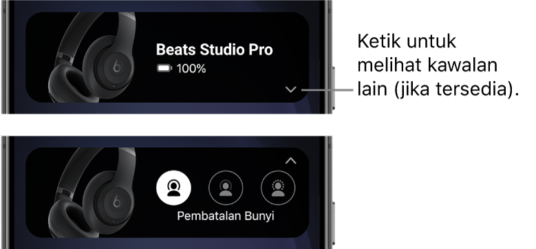 Imej pertama menunjukkan widget app Beats memaparkan fon kepala Beats Studio Pro disambungkan dan butang untuk memaparkan kawalan lain; imej kedua menunjukkan kawalan Pembatalan Bunyi dalam widget.