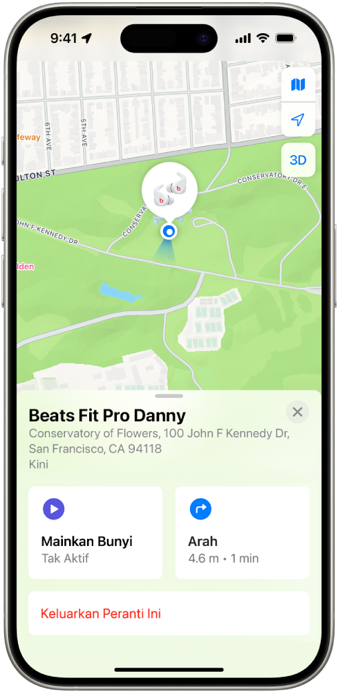 Skrin daripada app Cari pada iPhone. Lokasi Beats Fit Pro ditunjukkan pada peta San Francisco, bersama alamat yang disenaraikan dan pilihan Mainkan Bunyi, Arah dan Keluarkan Peranti Ini.