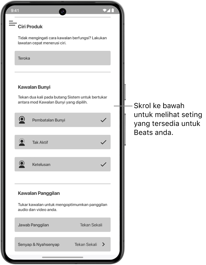 Skrin peranti app Beats menunjukkan seting yang tersedia untuk fon kepala Beats Studio Pro yang disambungkan.