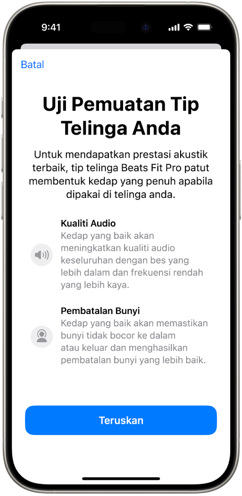 Skrin iPhone memaparkan Ujian Pemuatan Tip Telinga untuk Beats Fit Pro.