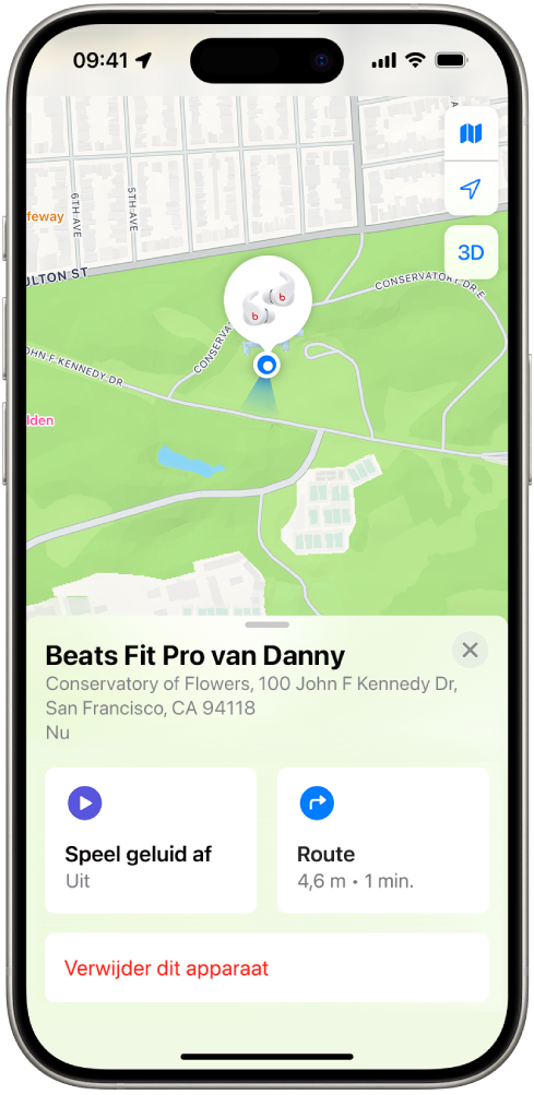 Een scherm van de Zoek mijn-app op de iPhone. De locatie van Beats Fit Pro is te zien op een kaart van San Francisco, samen met een adres en de opties 'Speel geluid af', 'Route' en 'Verwijder dit apparaat'.