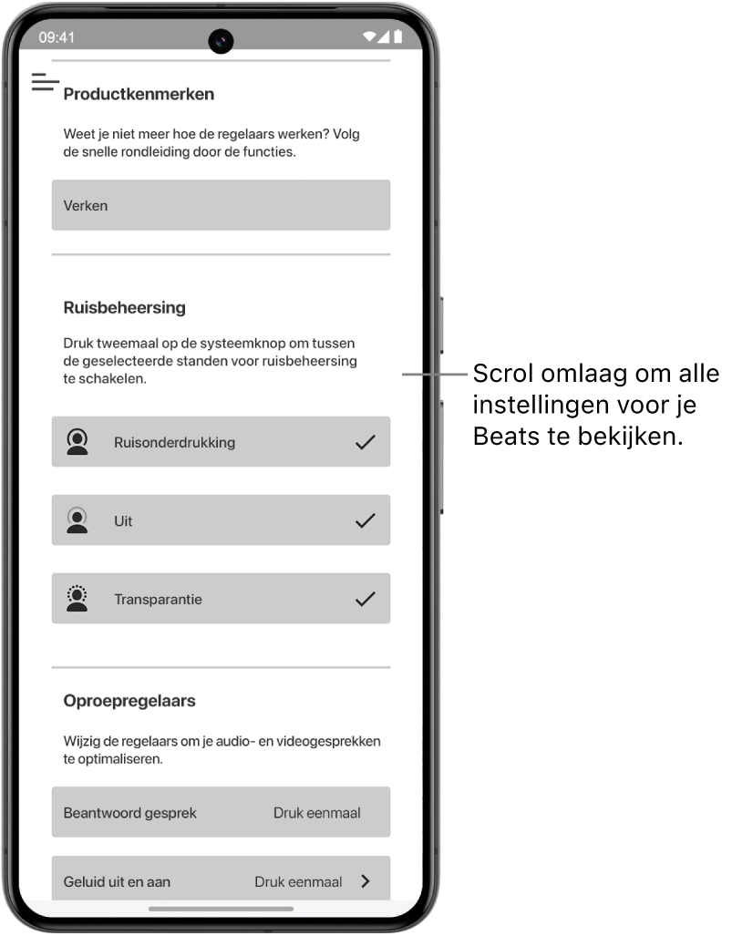 Het apparaatscherm van de Beats-app met alle instellingen voor de verbonden Beats Studio Pro-koptelefoon.