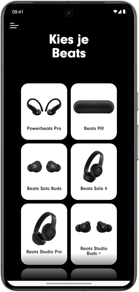 Het scherm 'Kies je Beats' in de Beats-app met ondersteunde Beats-apparaten.