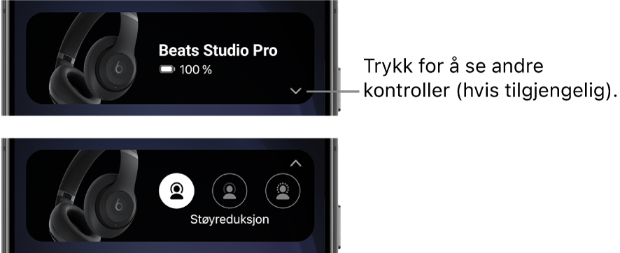 Det første bildet viser Beats-appwidgeten med tilkoblede Beats Studio Pro-hodetelefoner og en knapp for å vise andre kontroller. Det andre bildet viser kontrollene for støyreduksjon i widgeten.