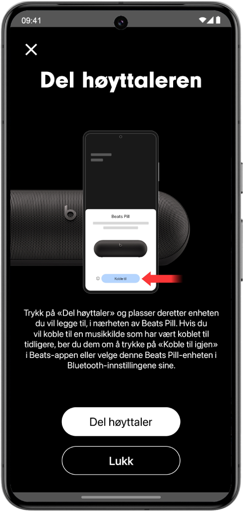 Del høyttaleren-skjermen i Beats-appen, med Del høyttaler- og Lukk-knappene.