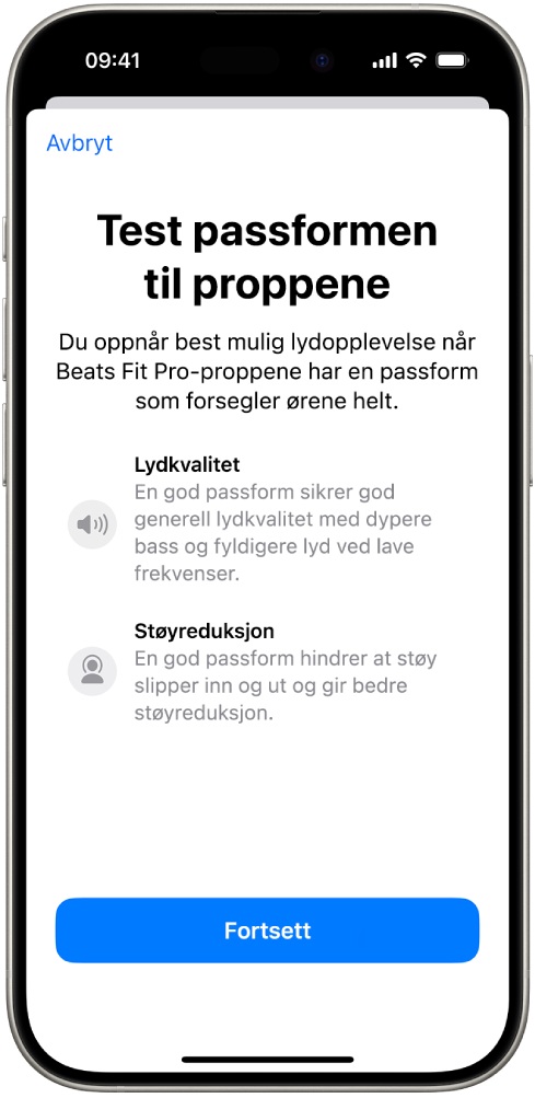 En iPhone-skjerm med Passformtest for Beats Fit Pro.
