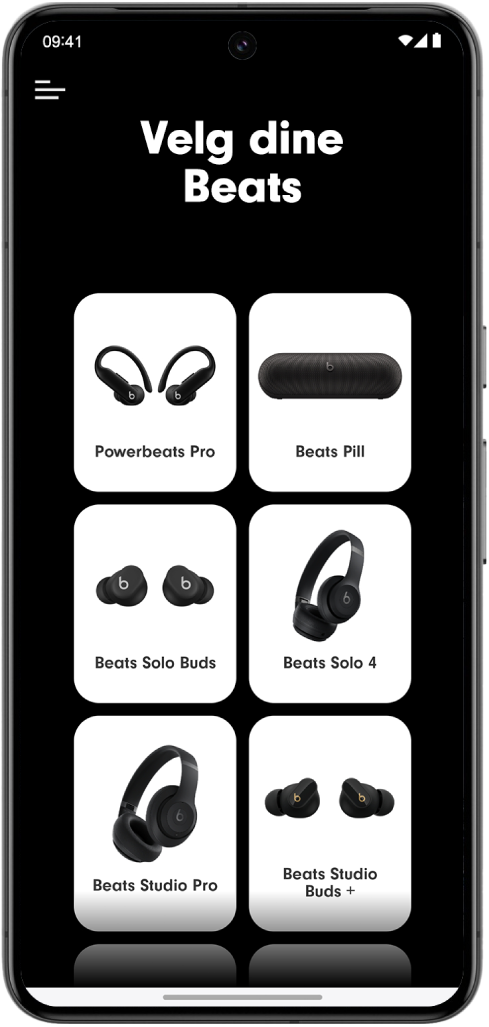 Velg dine Beats-skjermen i Beats-appen, med støttede Beats-enheter.