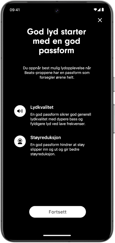 Passformtestskjermen i Beats-appen på en Android-enhet.