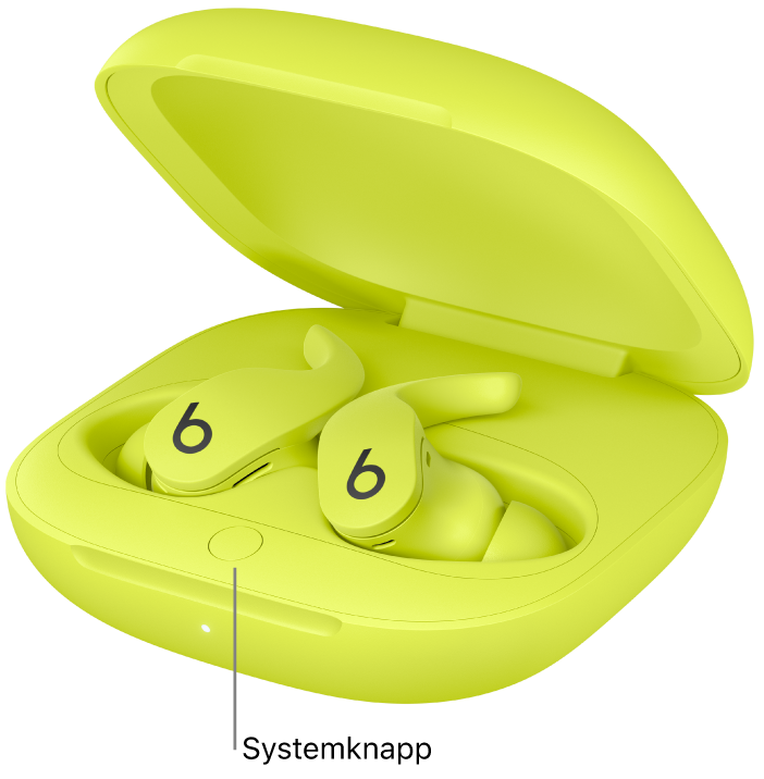 Systemknappen på Beats Fit Pro, plassert inni ladeetuiet.