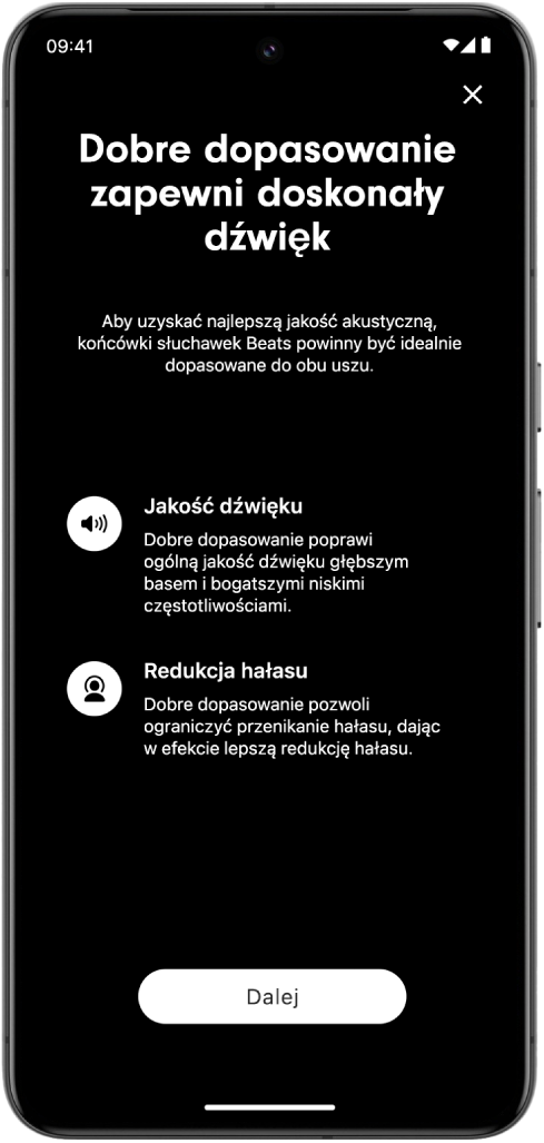 Ekran testowania dopasowania w aplikacji Beats na urządzeniu Android.