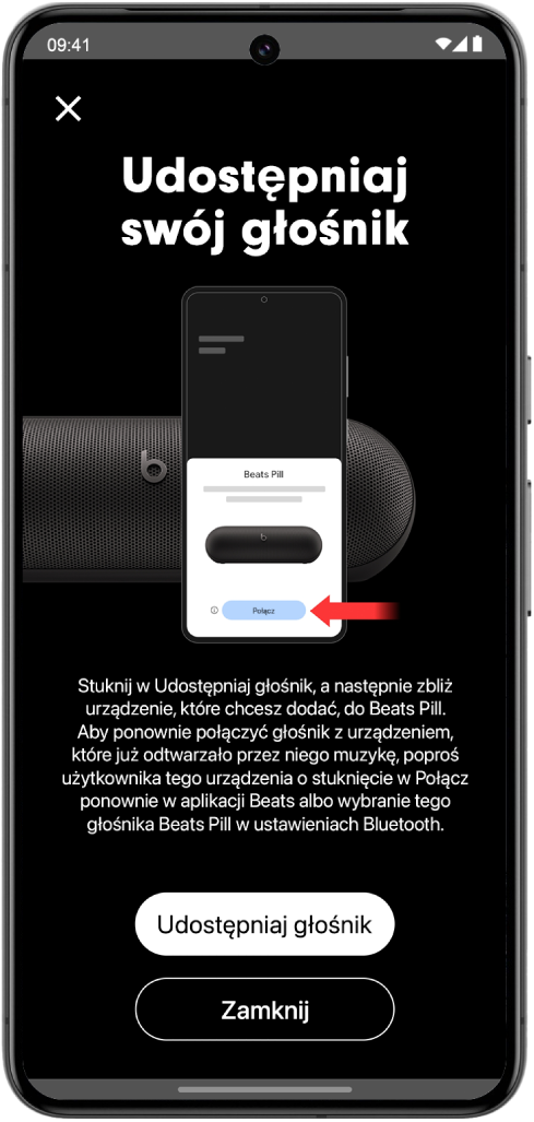 Ekran udostępniania głośnika w aplikacji Beats, zawierający przyciski Udostępniaj głośnik oraz Zamknij.