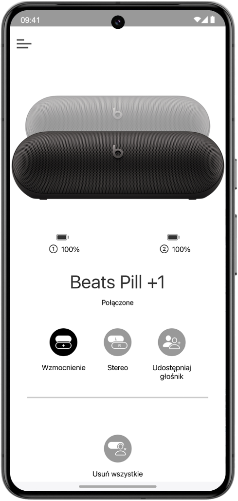 Ekran urządzenia w aplikacji Beats wyświetlający dwa połączone głośniki Beats Pill tworzące grupę wzmocnienia.