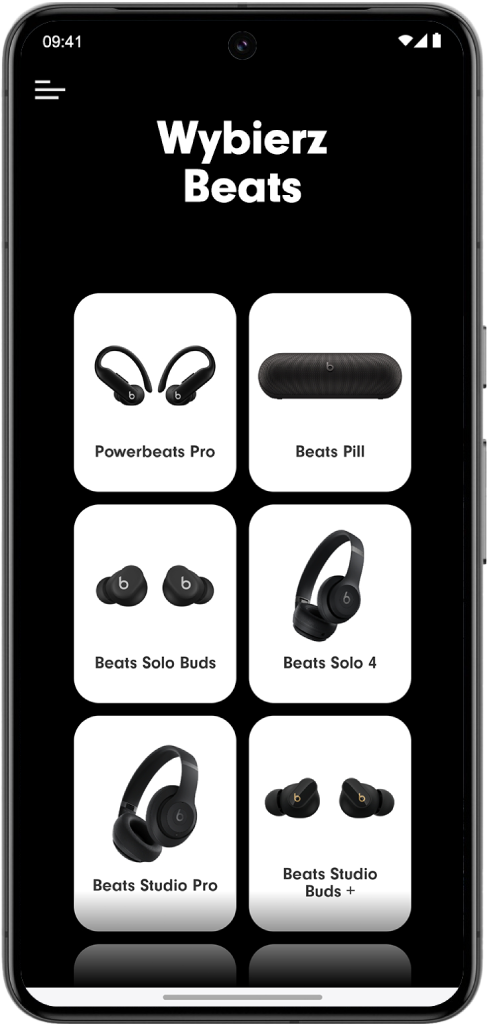 Ekran Wybierz Beats w aplikacji Beats, wyświetlający obsługiwane urządzenia Beats.
