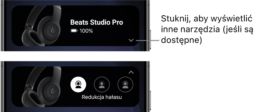 Pierwszy obrazek przedstawia widżet aplikacji Beats z połączonymi słuchawkami nausznymi Beats Studio Pro i przyciskiem wyświetlającym inne narzędzia. Drugi obrazek przedstawia narzędzia redukcji hałasu w widżecie.