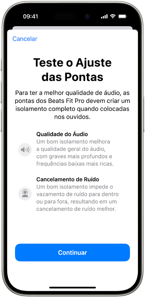 Tela do iPhone exibindo o Teste do Ajuste das Pontas para os Beats Fit Pro.