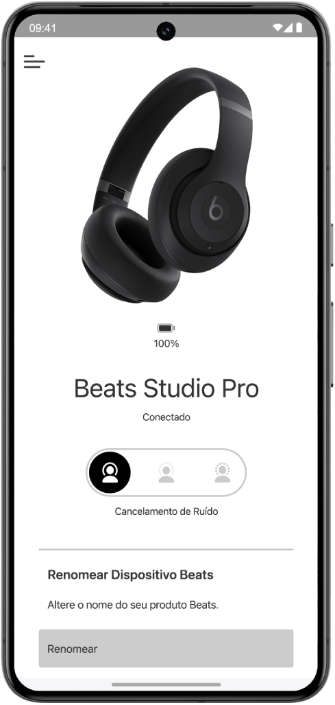 A tela de dispositivo no app Beats mostrando os fones de ouvido Beats Studio Pro conectados.