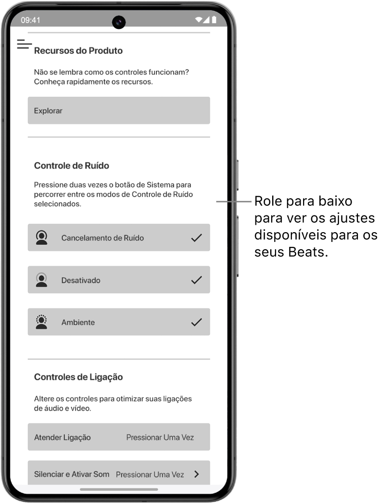 A tela de dispositivo no app Beats mostrando os ajustes disponíveis para os fones de ouvido Beats Studio Pro conectados.