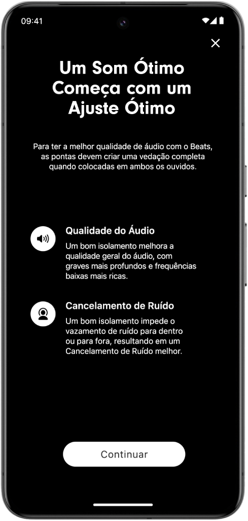 A tela do teste de ajuste do app Beats em um dispositivo Android.