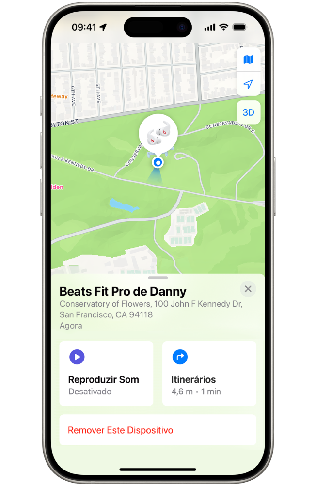 A tela do app Buscar no iPhone mostrando a localização dos Beats Fit Pro em um mapa de São Francisco.
