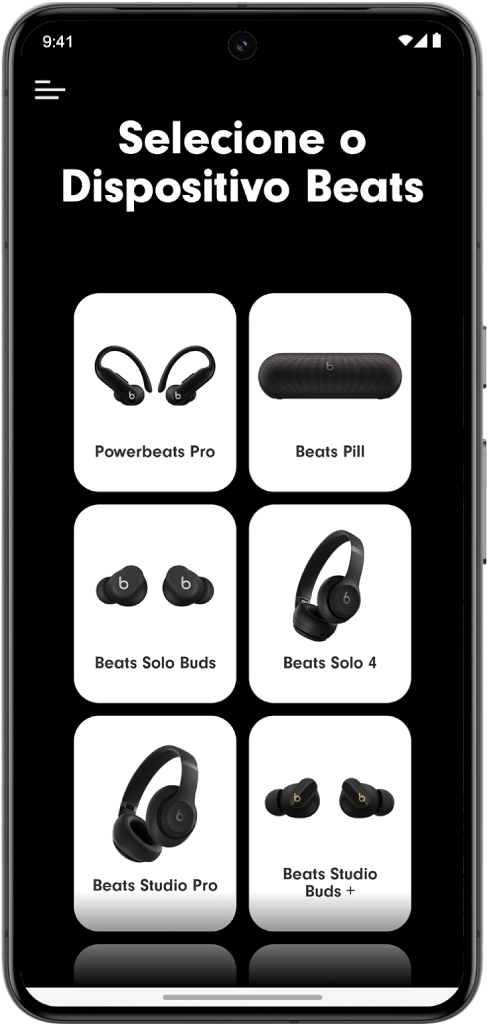 A tela Selecione o Dispositivo Beats no app Beats mostrando os dispositivos Beats compatíveis.