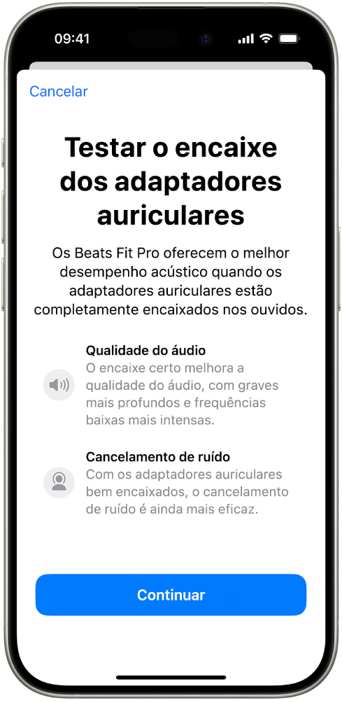 O ecrã de um iPhone a mostrar o teste de encaixe dos adaptadores auriculares dos Beats Fit Pro.