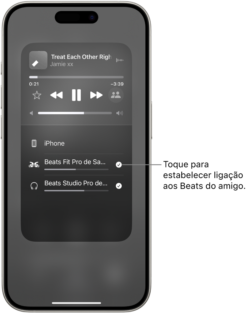 O ecrã AirPlay mostra os Beats Fit Pro e Beats Studio Pro ligados ao mesmo iPhone enquanto uma música é reproduzida.