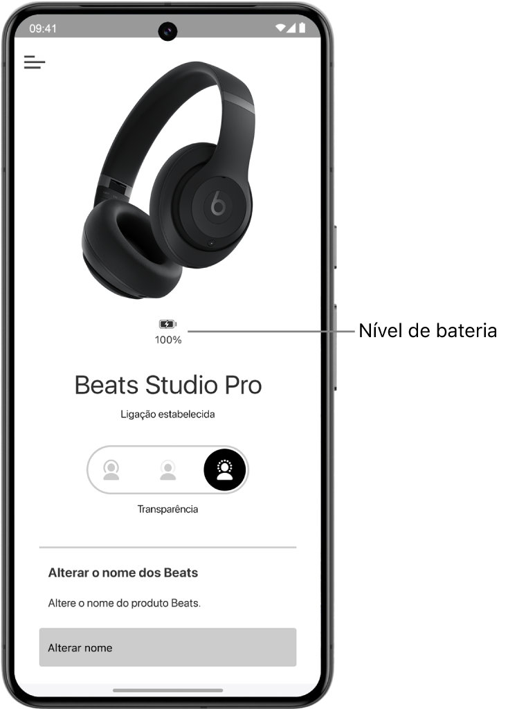 O ecrã de dispositivo da aplicação Beats a mostrar o nível da bateria dos auscultadores Beats Solo 4.