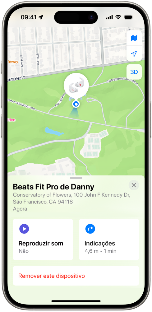Um ecrã da aplicação Encontrar no iPhone. A localização dos Beats Fit Pro é apresentada num mapa de São Francisco, juntamente com a indicação de um endereço e as opções “Reproduzir som”, “Indicações” e “Remover este dispositivo”.