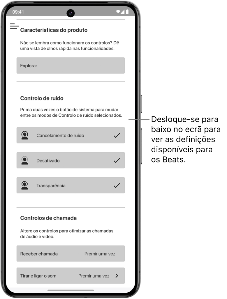 O ecrã do dispositivo na aplicação Beats apresenta as definições disponíveis para os auscultadores Beats Studio Pro ligados.