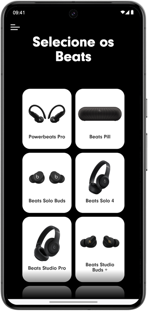 O ecrã “Selecione os Beats” da aplicação Beats a mostrar os dispositivos Beats compatíveis.