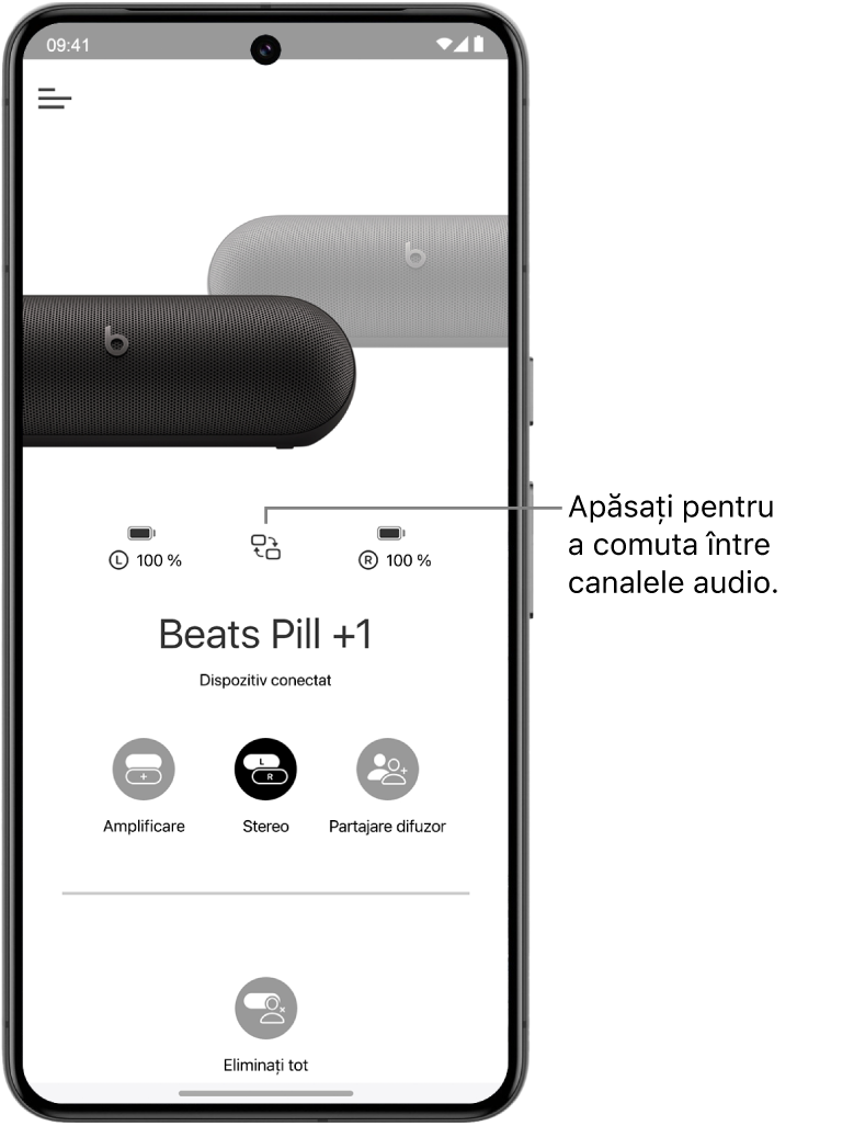Ecranul dispozitivului în aplicația Beats afișând două difuzoare Beats Pill conectate într‑un grup stereo și butonul pentru schimbarea canalelor audio.