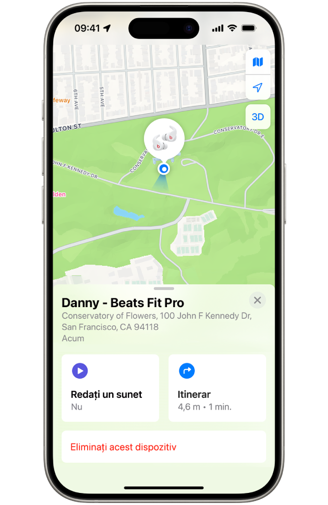 Ecranul aplicației Găsire de pe iPhone afișând localizarea căștilor Beats Fit Pro pe o hartă a orașului San Francisco.
