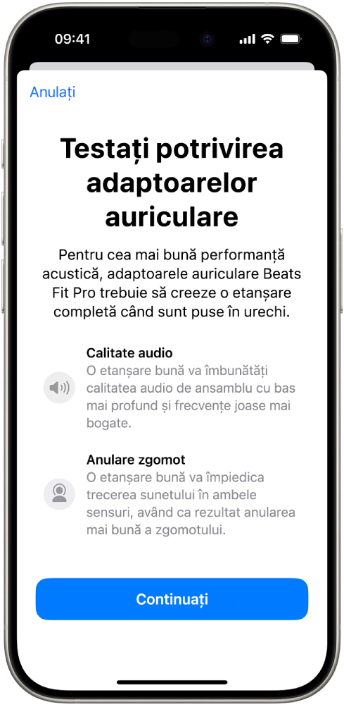 Ecranul unui iPhone afișând Testul de potrivire a adaptoarelor auriculare pentru Beats Fit Pro.