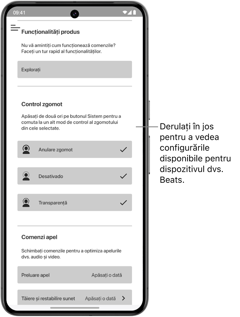 Ecranul dispozitivului în aplicația Beats afișând configurările disponibile pentru căștile supraauriculare Beats Studio Pro conectate.