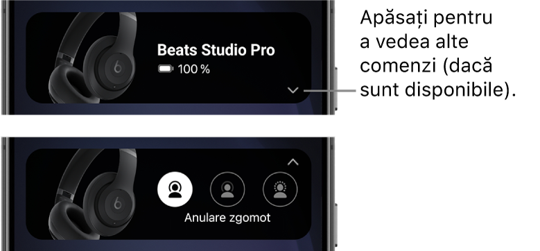 Prima imagine afișează widgetul aplicației Beats prezentând căștile supraauriculare Beats Studio Pro conectate și un buton pentru afișarea altor comenzi; a doua imagine afișează comenzile Anulare zgomot în widget.