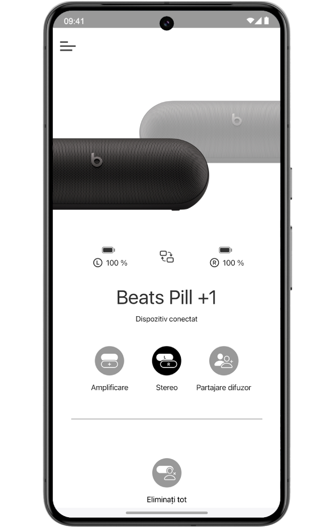 Ecranul dispozitivului în aplicația Beats afișând două difuzoare Beats Pill conectate într‑un grup stereo.