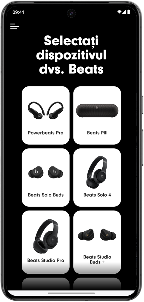 Ecranul „Selectați dispozitivul dvs. Beats” din aplicația Beats afișând dispozitivele Beats compatibile.