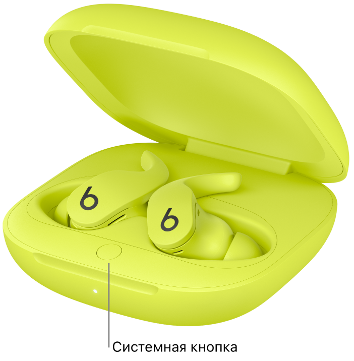 Показана системная кнопка внутри зарядного футляра наушников Beats Fit Pro.